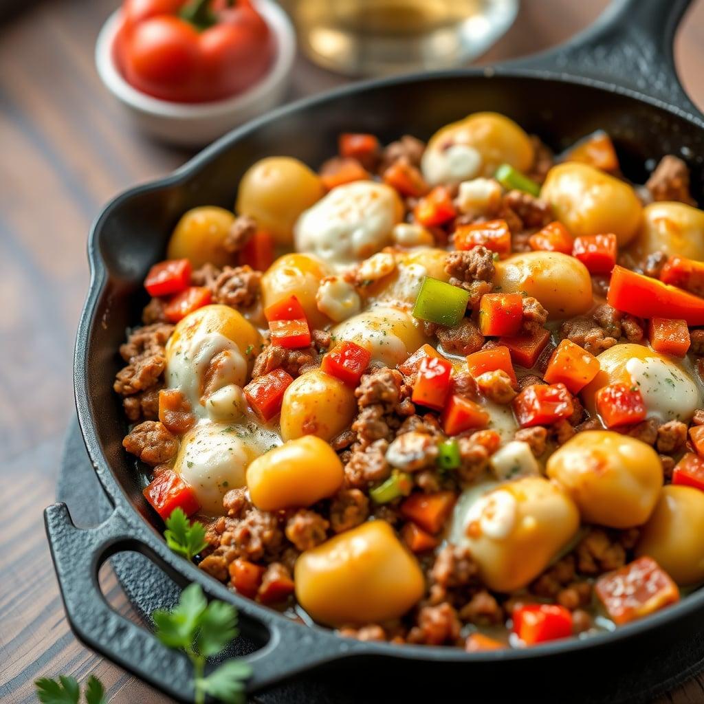 Cheesy Ground Beef and Gnocchi Skillet with Sweet Bell Peppers Cheesy Ground Beef and Gnocchi Skillet with Sweet Bell Peppers
