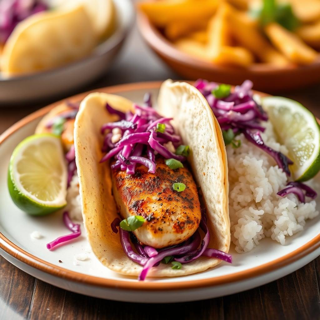 Blackened Tilapia Tacos with Cabbage Slaw and White Rice