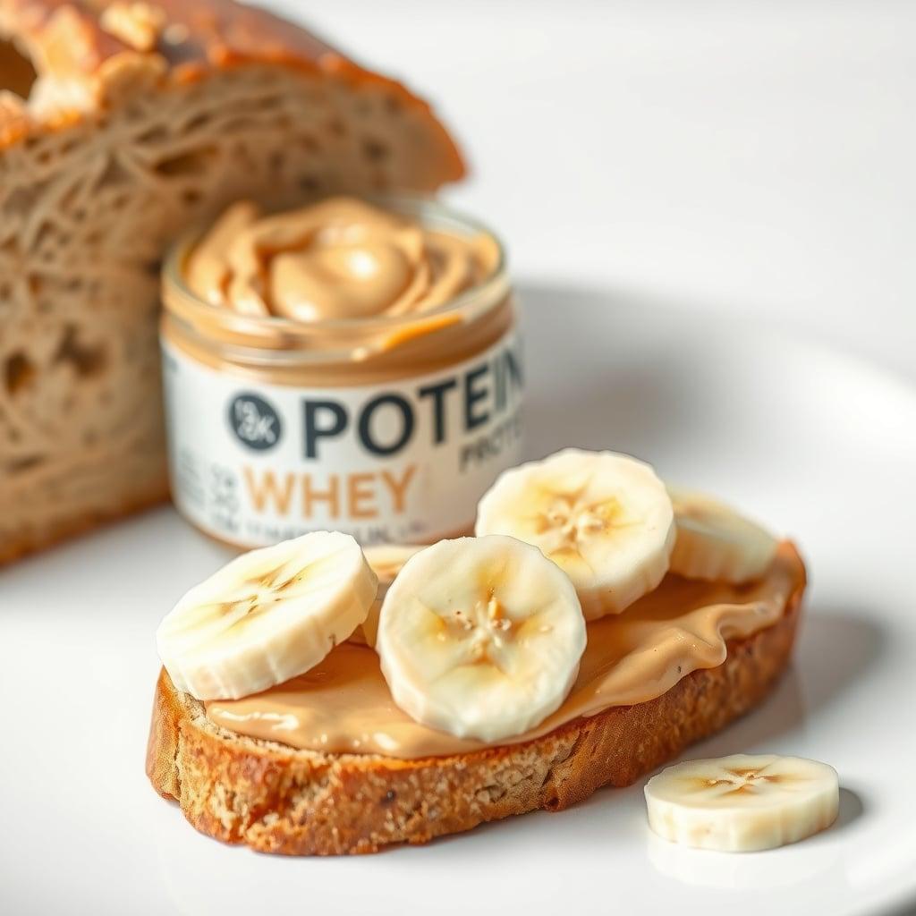 Creamy Protein Peanut Butter and Sliced Banana on Toasted Sourdough Creamy Protein Peanut Butter and Sliced Banana on Toasted Sourdough