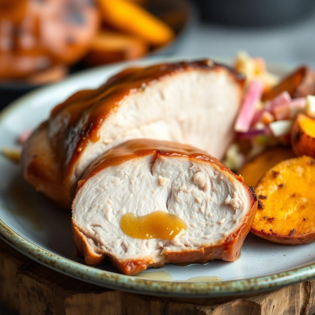 Honey-Mustard Glazed Pork Chops with Apple Slaw and Roasted Sweet Potatoes Honey-Mustard Glazed Pork Chops with Apple Slaw and Roasted Sweet Potatoes