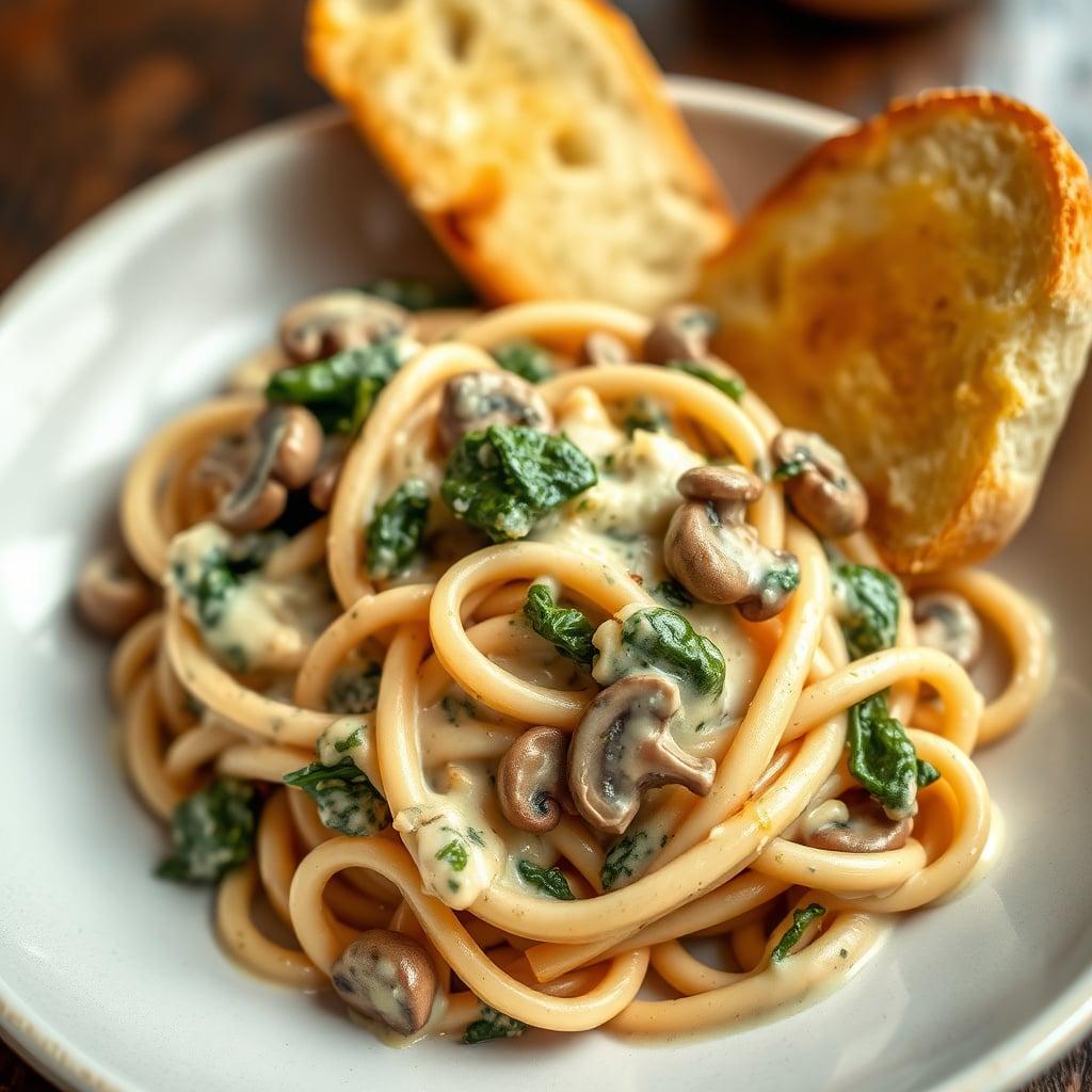 Creamy Spinach and Mushroom Pasta with Garlic Bread Creamy Spinach and Mushroom Pasta with Garlic Bread