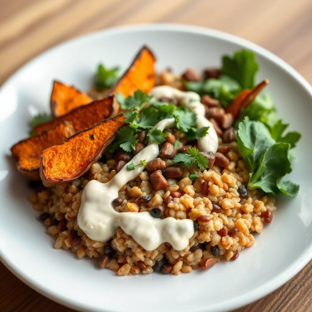 Harvest Grain Bowl with Roasted Sweet Potatoes & Tahini Dressing Harvest Grain Bowl with Roasted Sweet Potatoes & Tahini Dressing