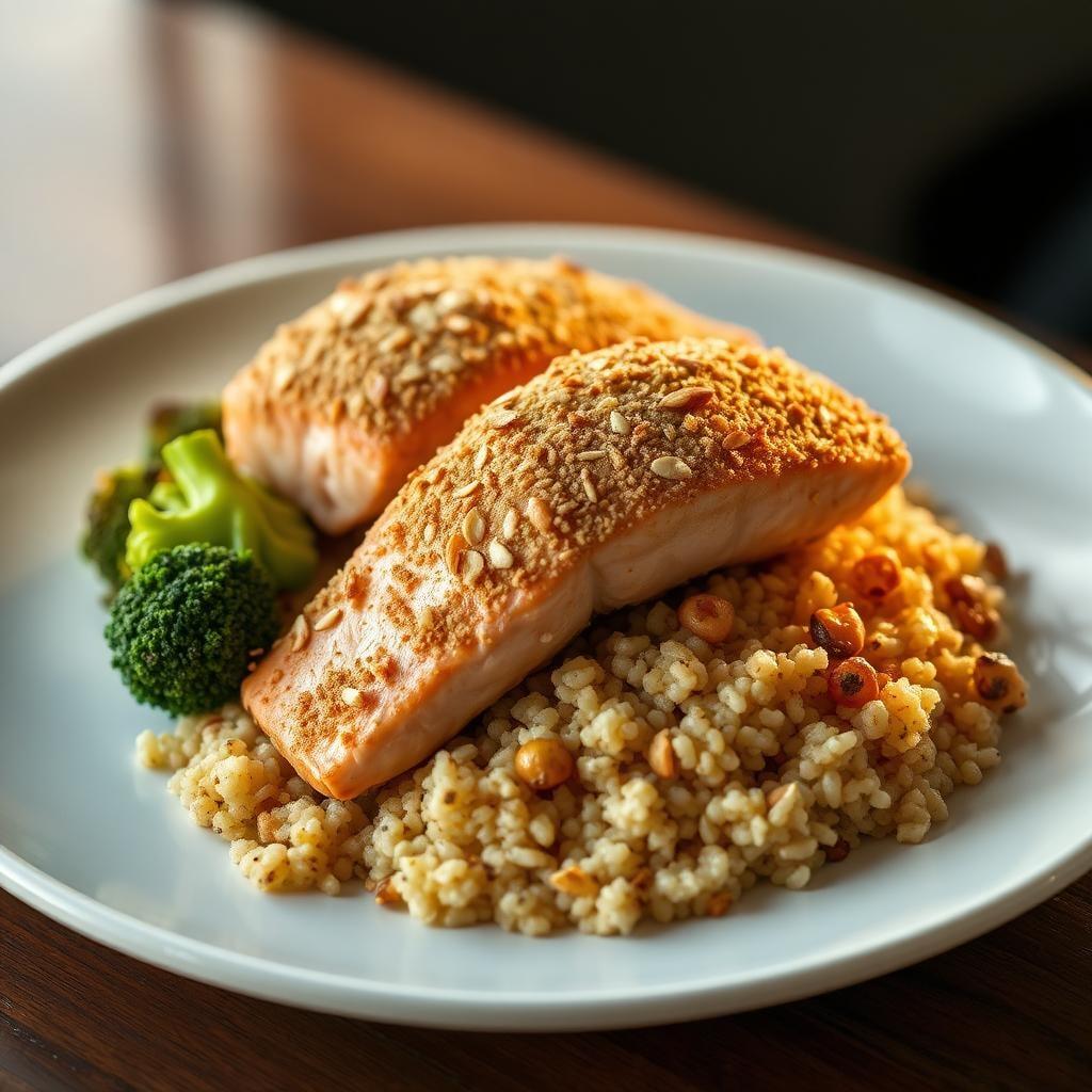 Almond-Crusted Salmon with Quinoa & Roasted Vegetables Almond-Crusted Salmon with Quinoa & Roasted Vegetables