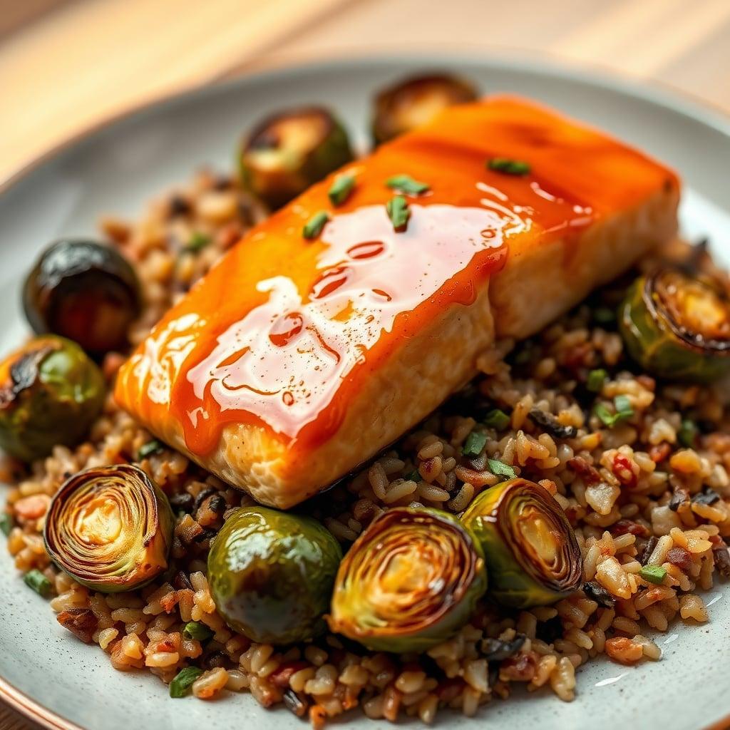 Maple-Dijon Glazed Salmon with Wild Rice Pilaf and Roasted Brussels Sprouts Maple-Dijon Glazed Salmon with Wild Rice Pilaf and Roasted Brussels Sprouts