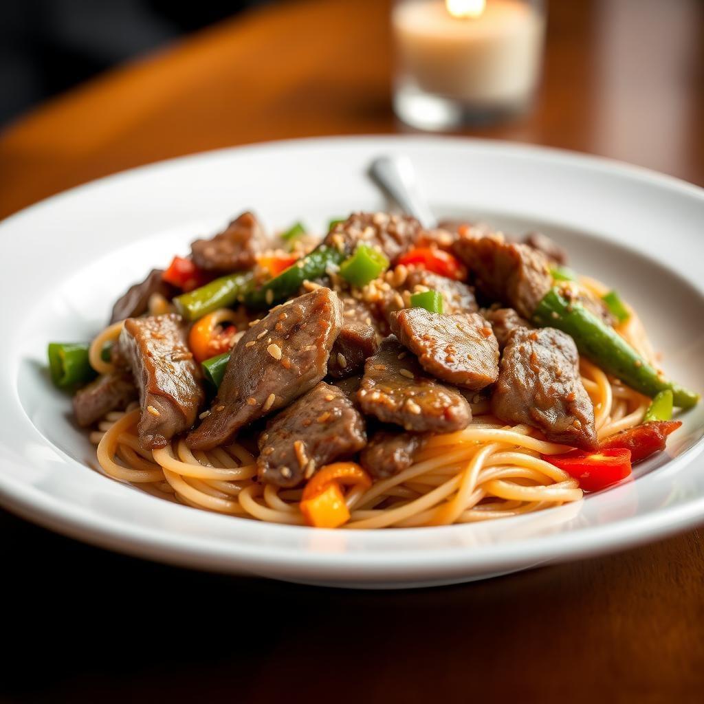 Asian-Inspired Beef and Vegetable Stir-Fry with Sesame Noodles Asian-Inspired Beef and Vegetable Stir-Fry with Sesame Noodles