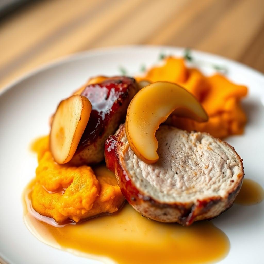 Maple-Glazed Pork Tenderloin with Sautéed Apples and Sweet Potato Mash Maple-Glazed Pork Tenderloin with Sautéed Apples and Sweet Potato Mash