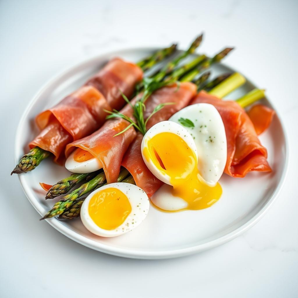 Prosciutto-Wrapped Asparagus with Soft-Boiled Eggs Prosciutto-Wrapped Asparagus with Soft-Boiled Eggs