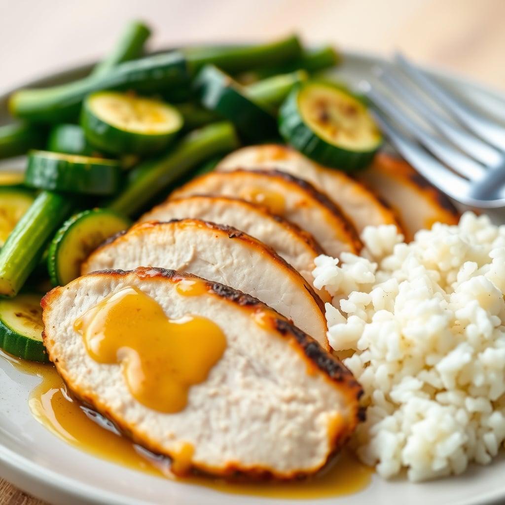 Broiled Honey-Mustard Turkey Breast with Zucchini and White Rice Broiled Honey-Mustard Turkey Breast with Zucchini and White Rice