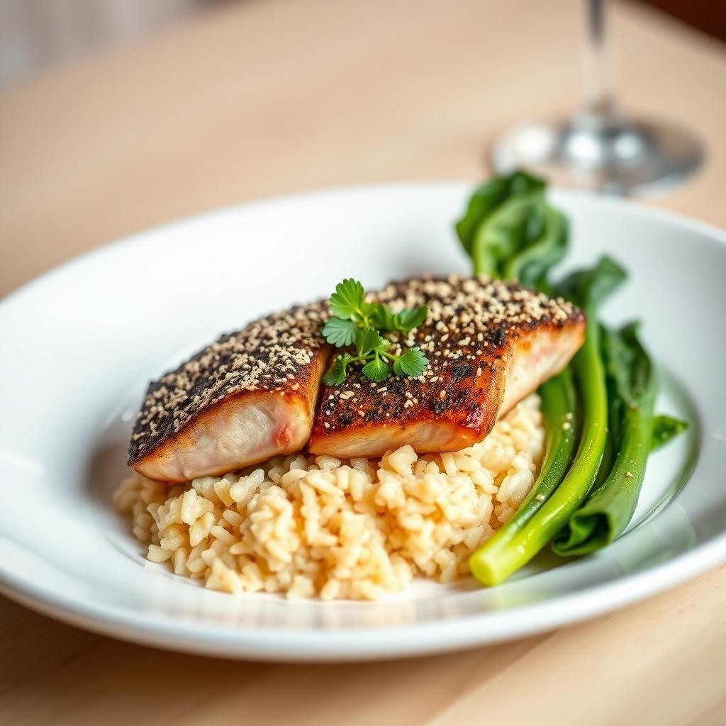 Sesame-Crusted Tuna with Ginger Rice & Bok Choy Sesame-Crusted Tuna with Ginger Rice & Bok Choy