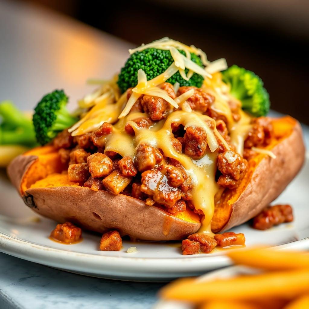 Sloppy Joe Topped Baked Sweet Potatoes with Broccoli Sloppy Joe Topped Baked Sweet Potatoes with Broccoli
