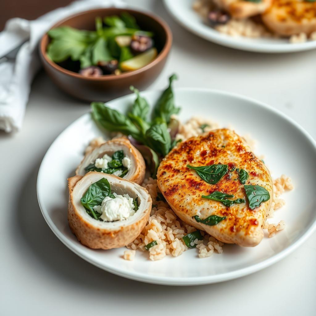 Spinach and Feta Stuffed Chicken Breast with Brown Rice Salad Spinach and Feta Stuffed Chicken Breast with Brown Rice Salad