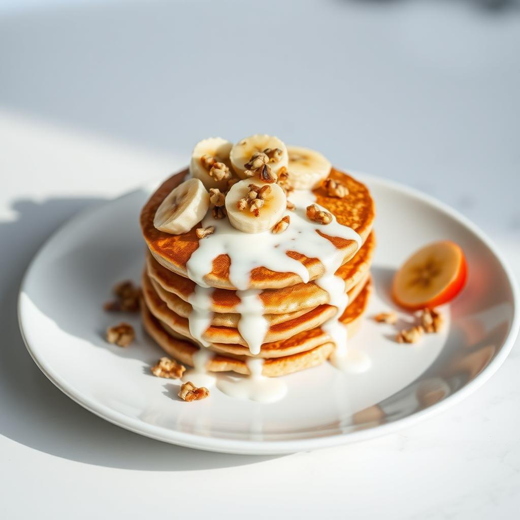 Banana Walnut Protein Pancakes with Yogurt Drizzle