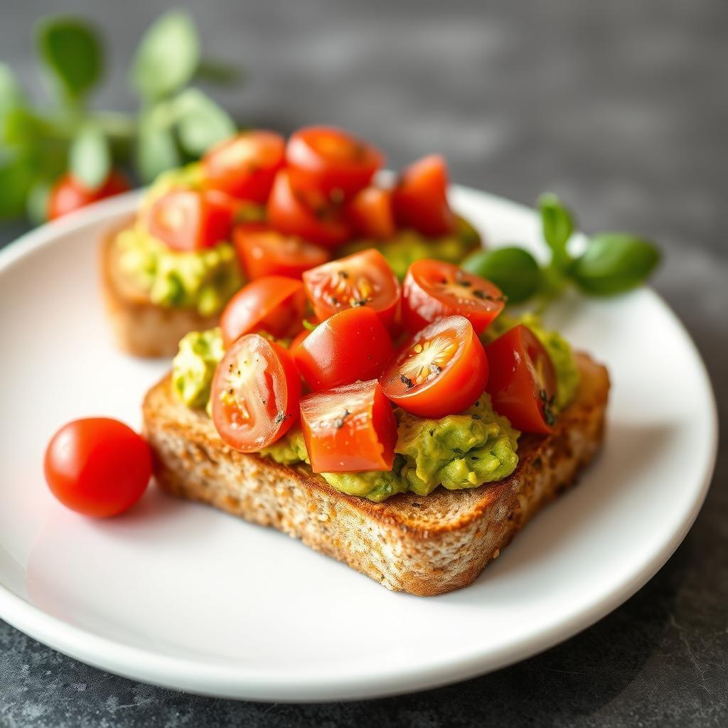 Whole Grain Toast with Smashed Avocado and Cherry Tomatoes Whole Grain Toast with Smashed Avocado and Cherry Tomatoes