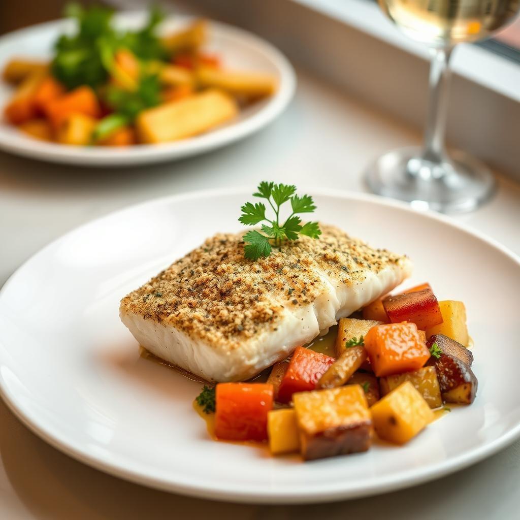 Herb-Crusted Baked Cod with Roasted Vegetable Medley Herb-Crusted Baked Cod with Roasted Vegetable Medley