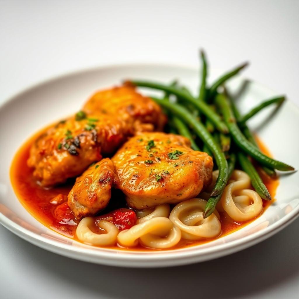 Hungarian Paprika-Braised Chicken Thighs with Handmade Nokedli and Garlic-Roasted Green Beans