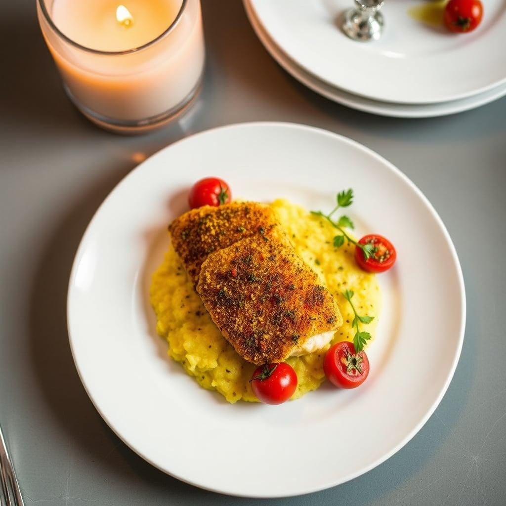 Crispy Cornmeal-Crusted Tilapia with Herbed Polenta and Roasted Cherry Tomatoes