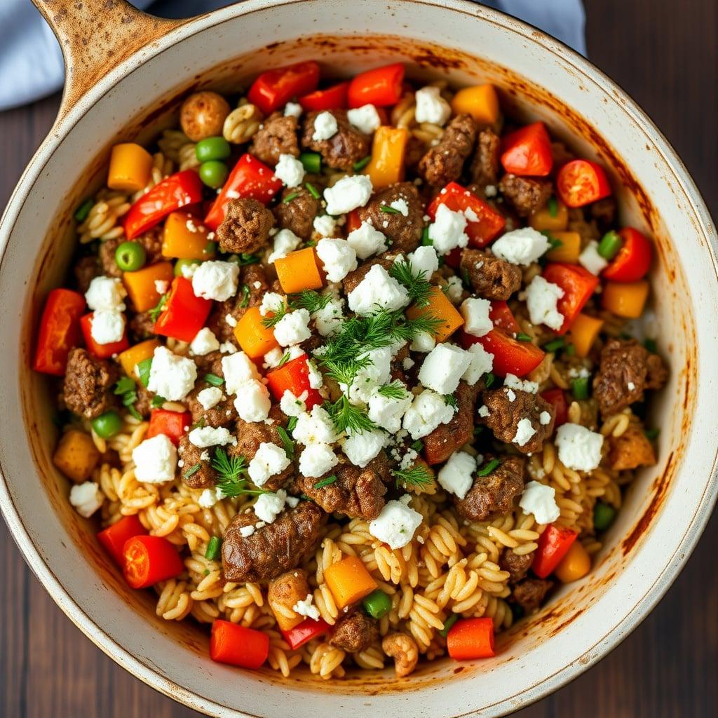 One-Skillet Greek Beef and Bell Pepper Hash with Feta and Lemon Orzo One-Skillet Greek Beef and Bell Pepper Hash with Feta and Lemon Orzo