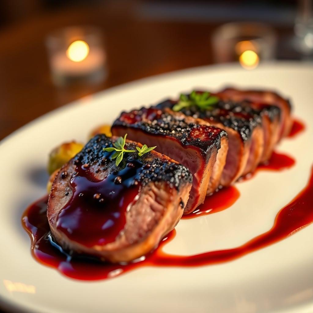 Pan-Seared Duck Breast with Cherry Port Reduction and Roasted Brussels Sprouts