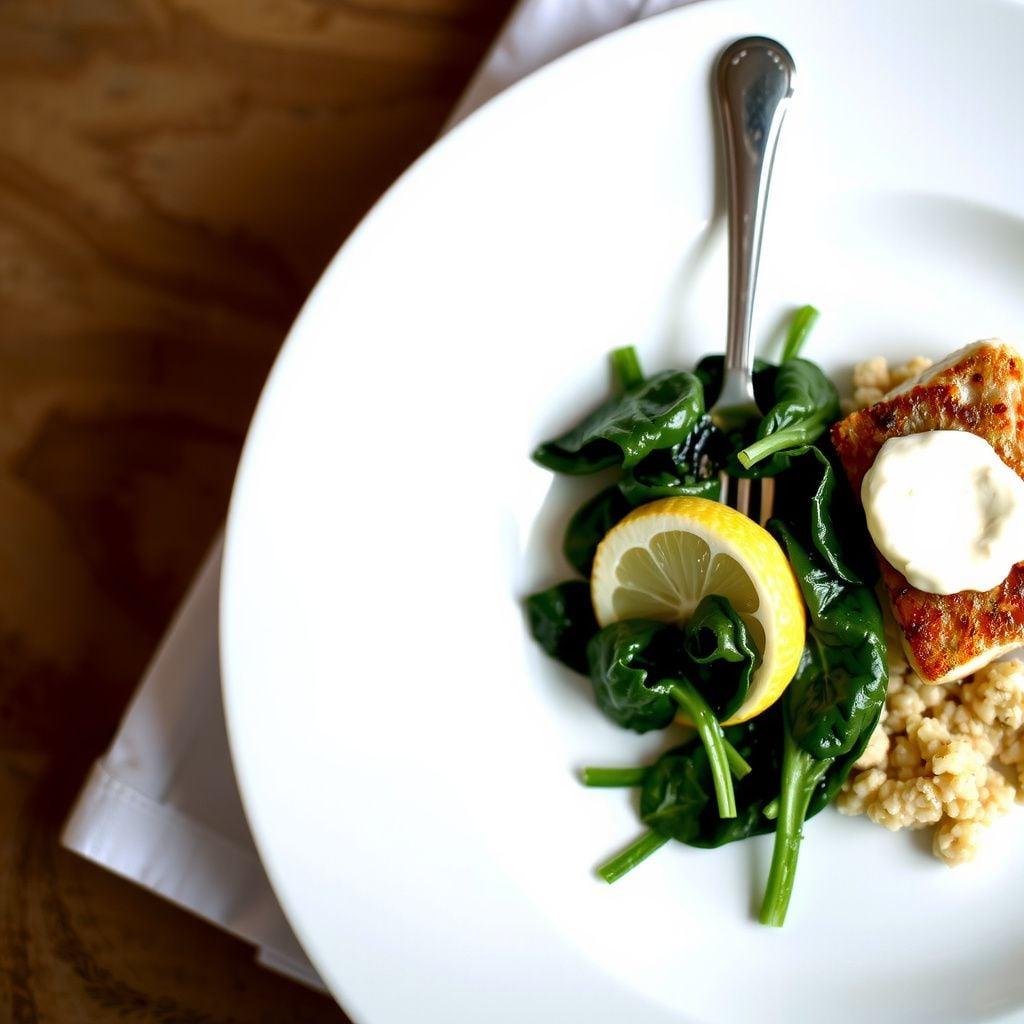 Pan-Seared Cod with Lemon-Dill Cream, Wilted Spinach, and Couscous Pan-Seared Cod with Lemon-Dill Cream, Wilted Spinach, and Couscous