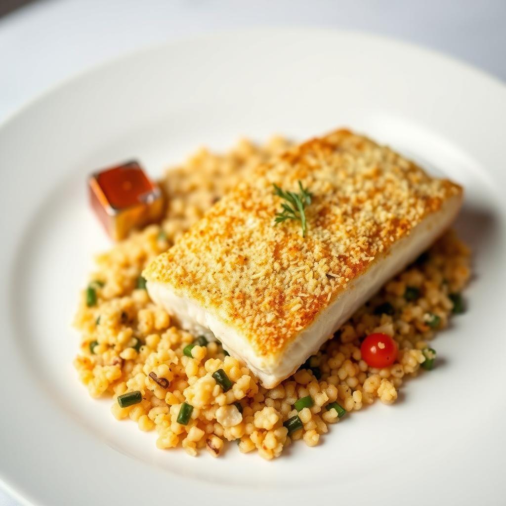 Baked Parmesan Crusted Cod with Mediterranean Couscous