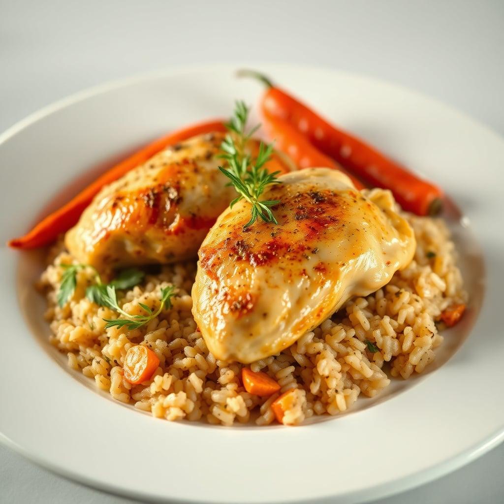 Lemon-Garlic Chicken Thighs with Roasted Carrots and Herbed Rice Pilaf Lemon-Garlic Chicken Thighs with Roasted Carrots and Herbed Rice Pilaf