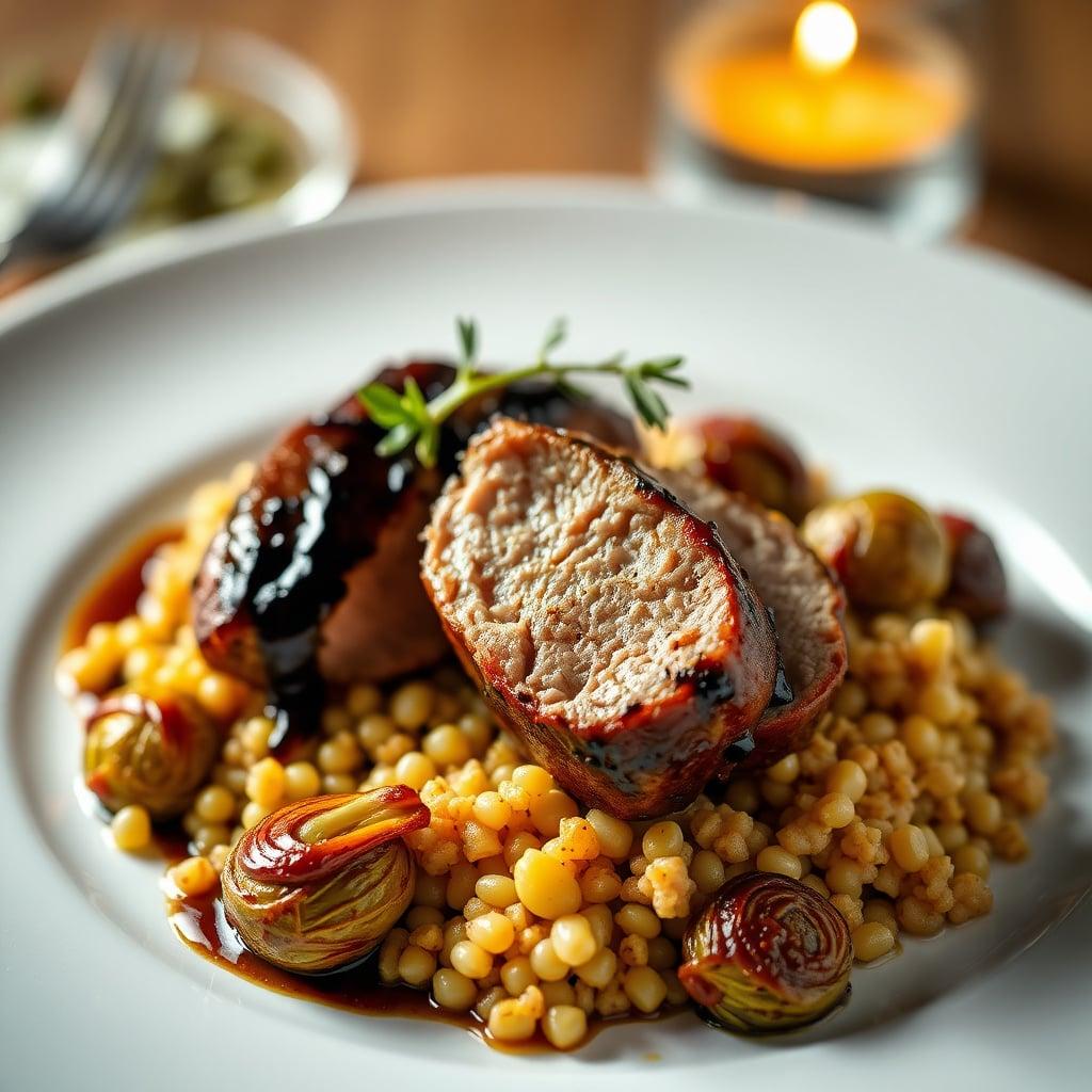 Balsamic Glazed Pork Tenderloin with Pearl Couscous and Roasted Brussels Sprouts
