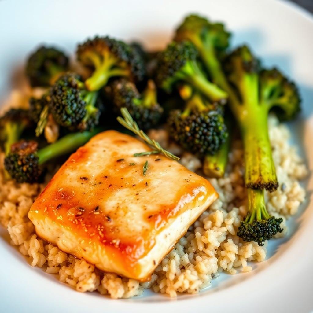 Maple-Dijon Glazed Salmon with Wild Rice Pilaf and Lemon-Thyme Roasted Broccoli Maple-Dijon Glazed Salmon with Wild Rice Pilaf and Lemon-Thyme Roasted Broccoli