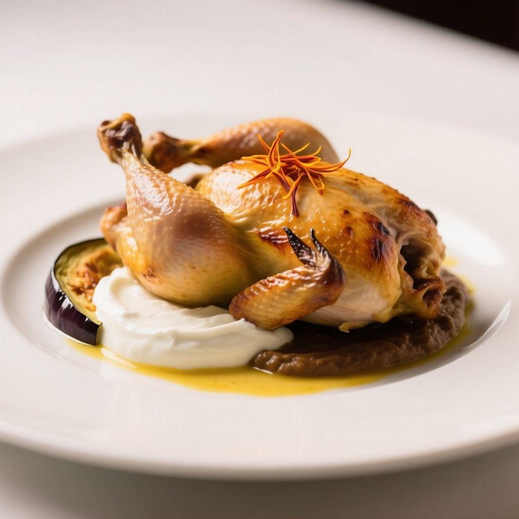 Saffron-Yogurt Roasted Chicken with Smoked Eggplant Purée Saffron-Yogurt Roasted Chicken with Smoked Eggplant Purée