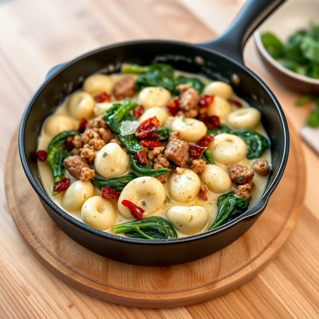 One-Skillet Creamy Italian Sausage and Gnocchi with Wilted Spinach and Parmesan One-Skillet Creamy Italian Sausage and Gnocchi with Wilted Spinach and Parmesan