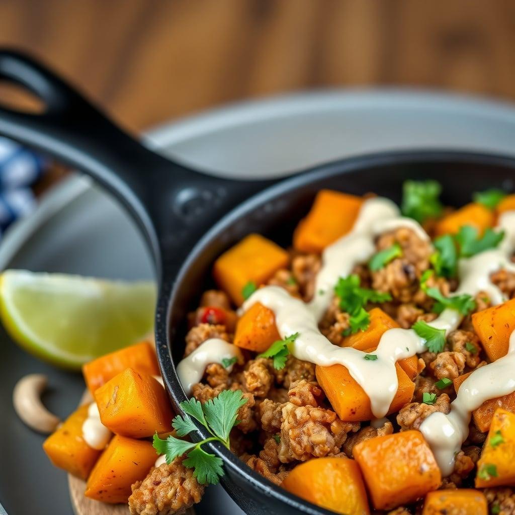 Southwest Ground Turkey & Sweet Potato Skillet with Cashew Crema Southwest Ground Turkey & Sweet Potato Skillet with Cashew Crema