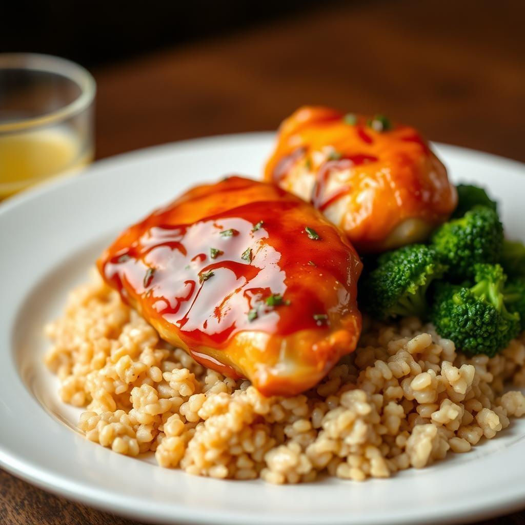 Honey-Garlic Glazed Chicken Thighs with Sesame Broccoli & Brown Rice Honey-Garlic Glazed Chicken Thighs with Sesame Broccoli & Brown Rice