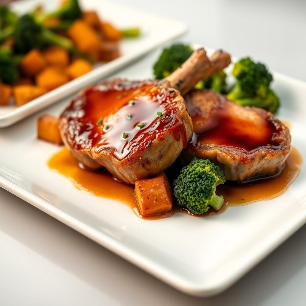 Honey-Glazed Pork Chops with Roasted Sweet Potatoes & Broccoli Honey-Glazed Pork Chops with Roasted Sweet Potatoes & Broccoli