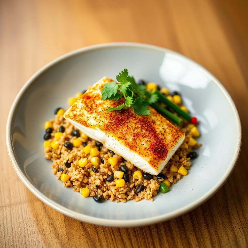 Ancho-Chili Rubbed Sea Bass with Charred Corn and Poblano Succotash and Cilantro-Lime Toasted Farro