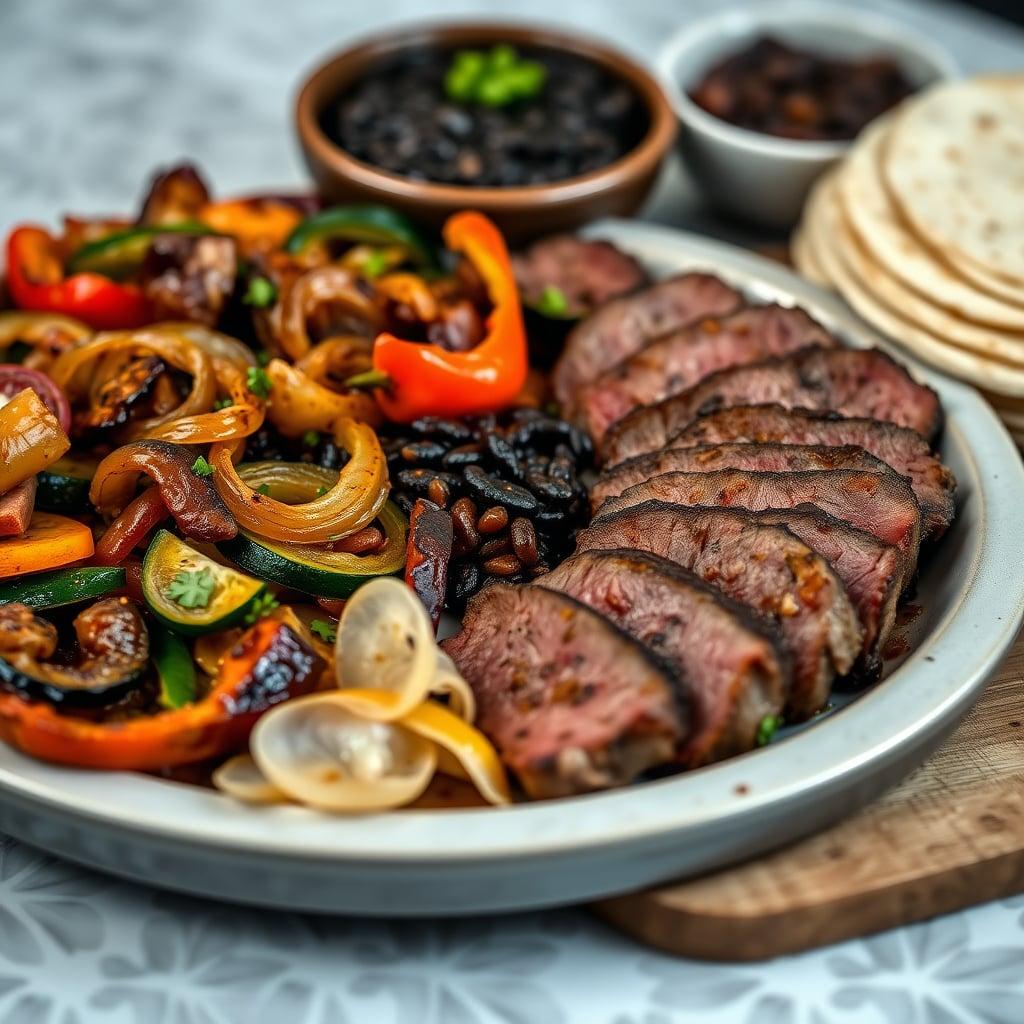 Caramelized Onion and Steak Fajita Platter with Zucchini-Infused Black Beans