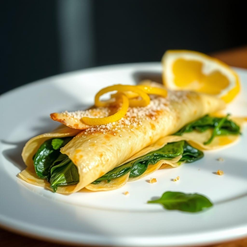 Savory Ricotta and Spinach Crepes with Lemon-Zest Garnish Savory Ricotta and Spinach Crepes with Lemon-Zest Garnish