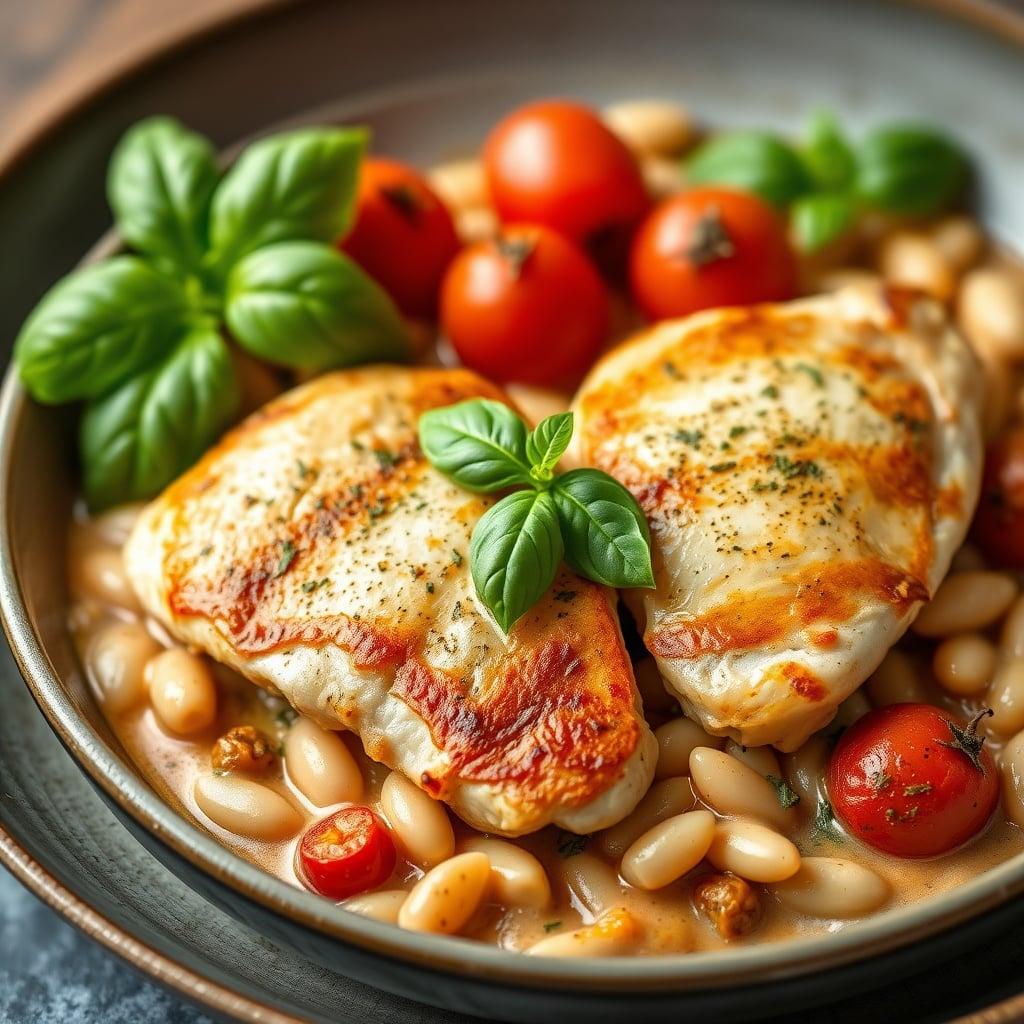 Pan-Seared Chicken Breast with Creamy Tomato-Herb White Beans Pan-Seared Chicken Breast with Creamy Tomato-Herb White Beans