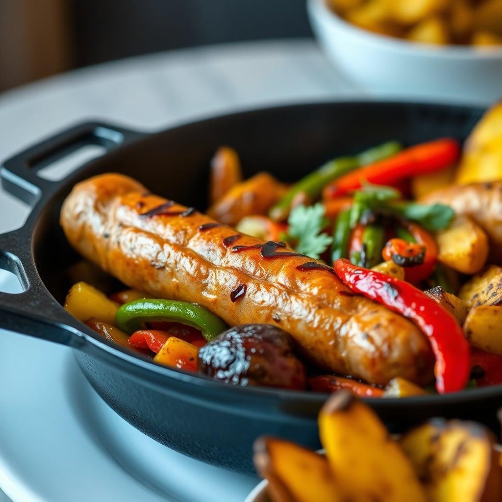 Cast-Iron Italian Sausage with Charred Peppers and Potato Wedges Cast-Iron Italian Sausage with Charred Peppers and Potato Wedges