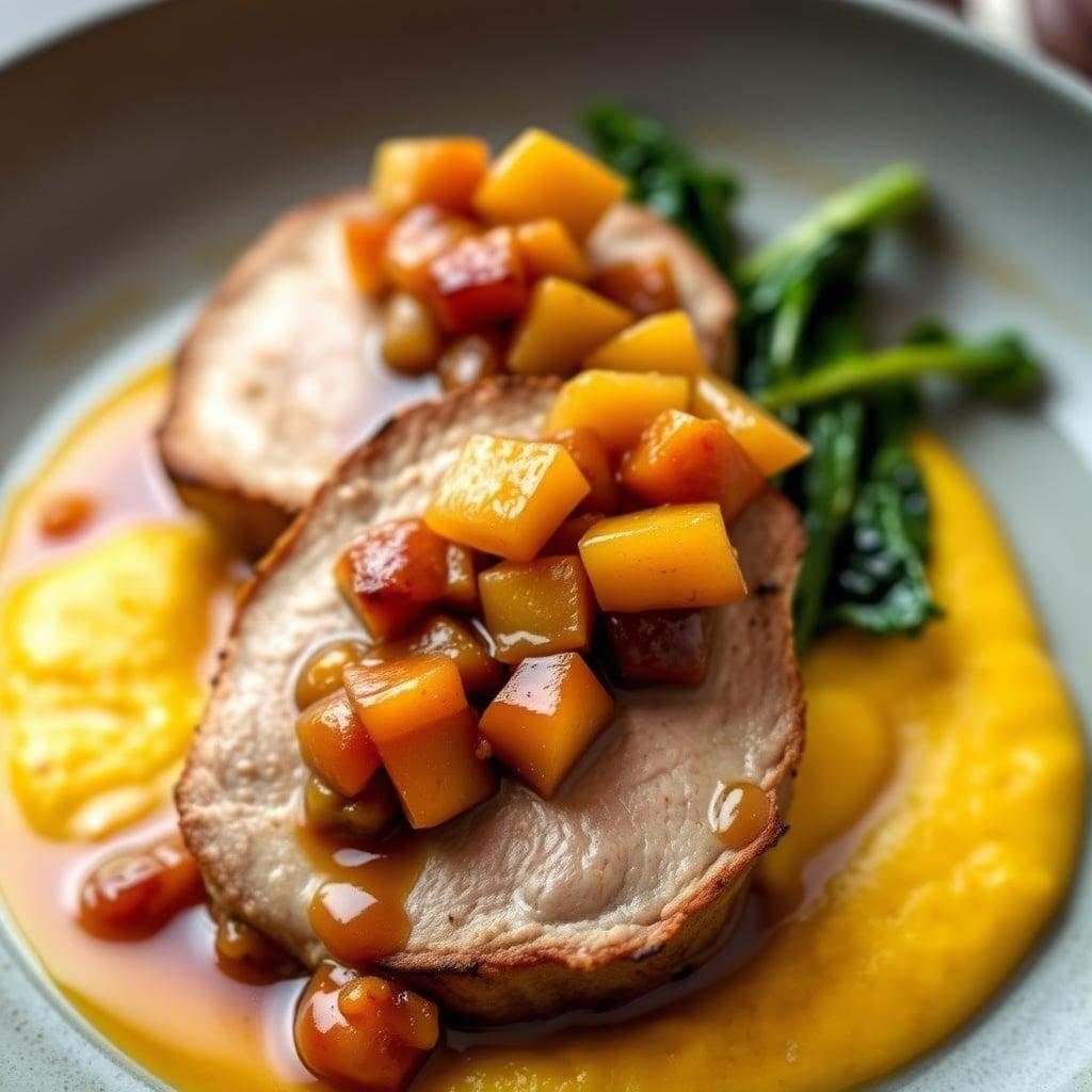 Pan-Seared Pork Medallions with Caramelized Apple Compote, Sharp Cheddar Polenta, and Sautéed Chard Pan-Seared Pork Medallions with Caramelized Apple Compote, Sharp Cheddar Polenta, and Sautéed Chard