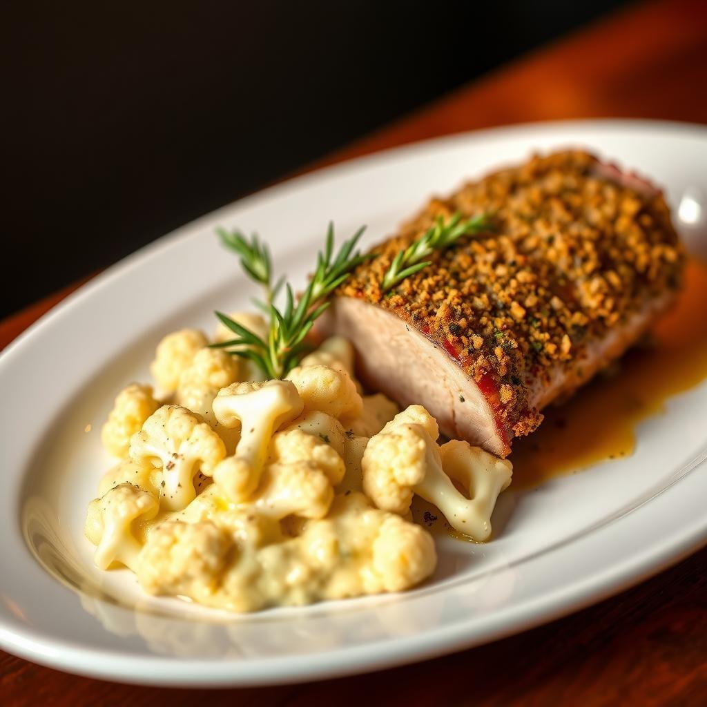 Herb-Crusted Pork Tenderloin with Roasted Garlic Mashed Cauliflower Herb-Crusted Pork Tenderloin with Roasted Garlic Mashed Cauliflower