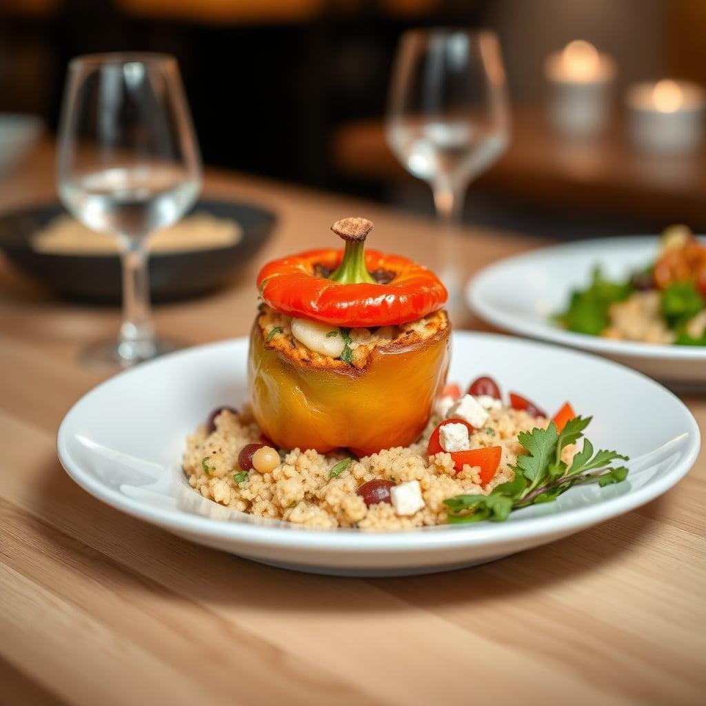 Mediterranean Stuffed Bell Peppers with Herb Couscous and Greek Salad Mediterranean Stuffed Bell Peppers with Herb Couscous and Greek Salad