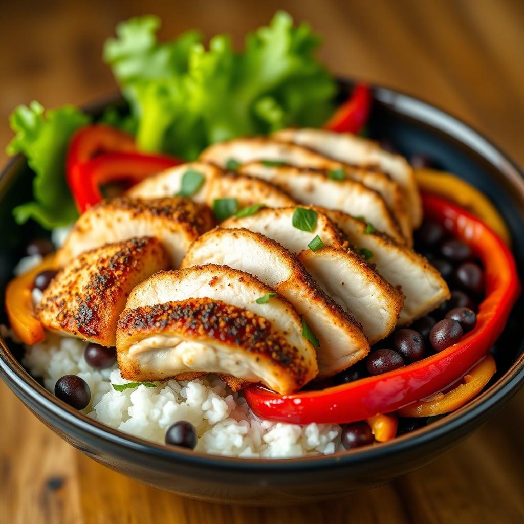 Oven-Roasted Cumin-Chili Chicken Breast with Black Beans, White Rice, and Bell Peppers Oven-Roasted Cumin-Chili Chicken Breast with Black Beans, White Rice, and Bell Peppers