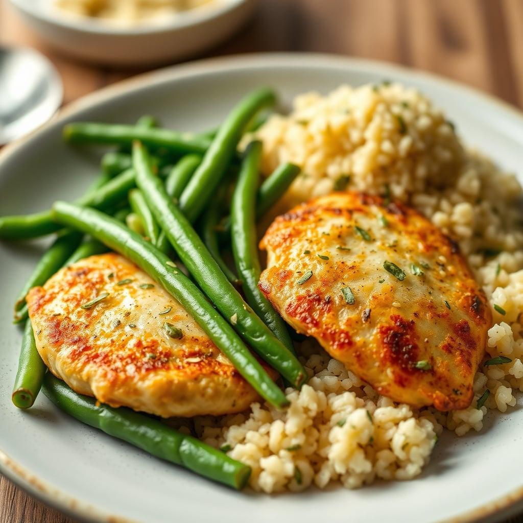 Lemon-Garlic Chicken Cutlets with Green Beans and Couscous Lemon-Garlic Chicken Cutlets with Green Beans and Couscous