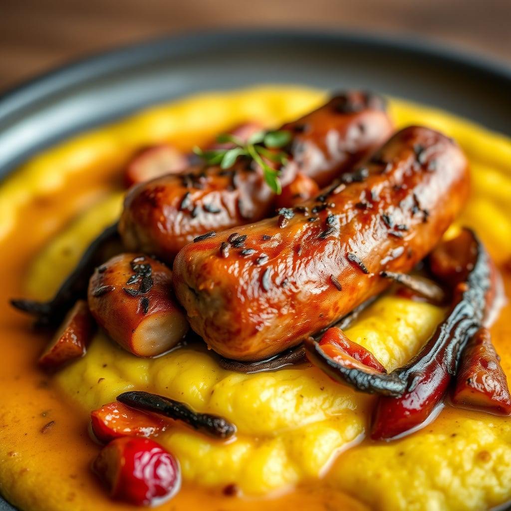 Roasted Italian Sausage with Caramelized Fennel and Peppers over Creamy Mascarpone Polenta