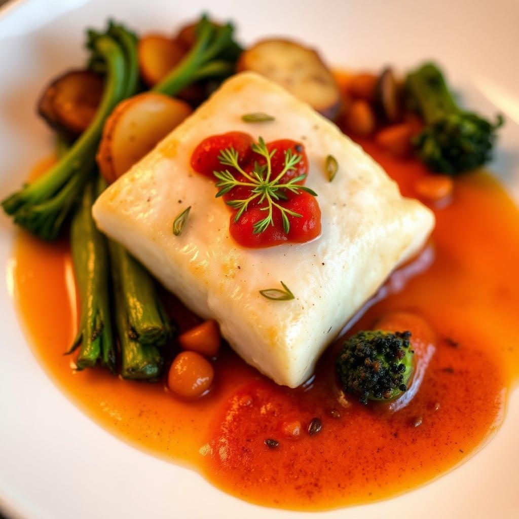 Pan-Seared Halibut with Roasted Red Pepper Romesco, Crispy Fingerling Potatoes, and Charred Broccolini Pan-Seared Halibut with Roasted Red Pepper Romesco, Crispy Fingerling Potatoes, and Charred Broccolini