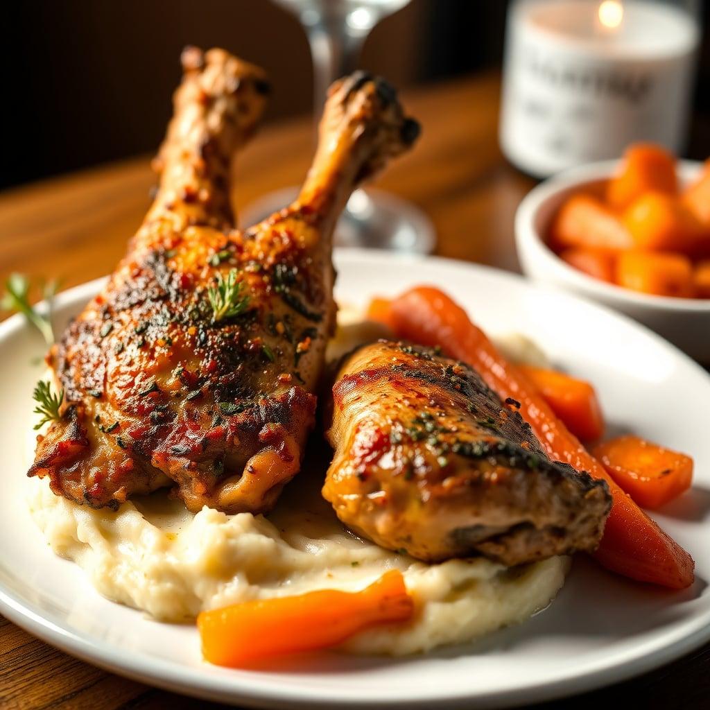 Crispy Herb-Roasted Chicken Thighs with Garlic Mashed Potatoes and Honey-Glazed Carrots Crispy Herb-Roasted Chicken Thighs with Garlic Mashed Potatoes and Honey-Glazed Carrots