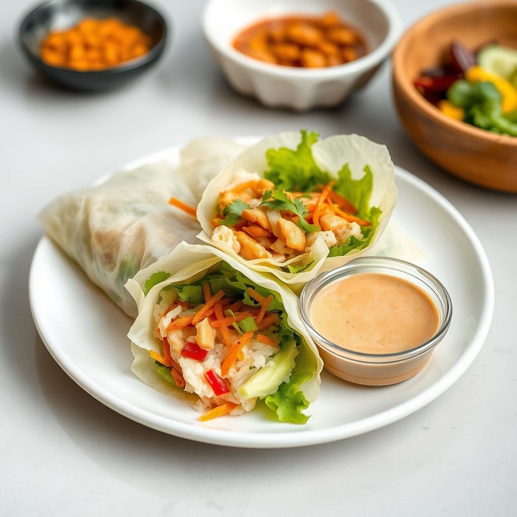 Asian-Inspired Rice Paper Wraps with Peanut Dipping Sauce