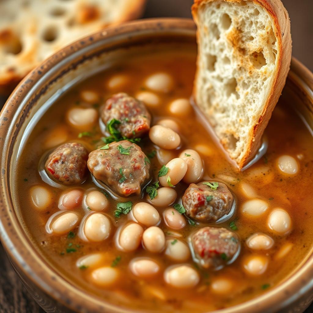 Rustic Italian Sausage and White Bean Soup with Crusty Garlic Bread Rustic Italian Sausage and White Bean Soup with Crusty Garlic Bread