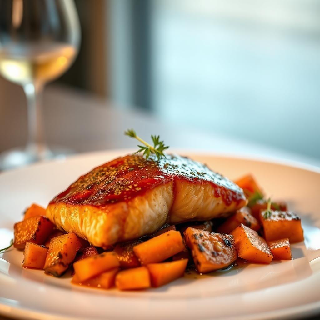 Maple-Glazed Salmon with Roasted Sweet Potatoes Maple-Glazed Salmon with Roasted Sweet Potatoes