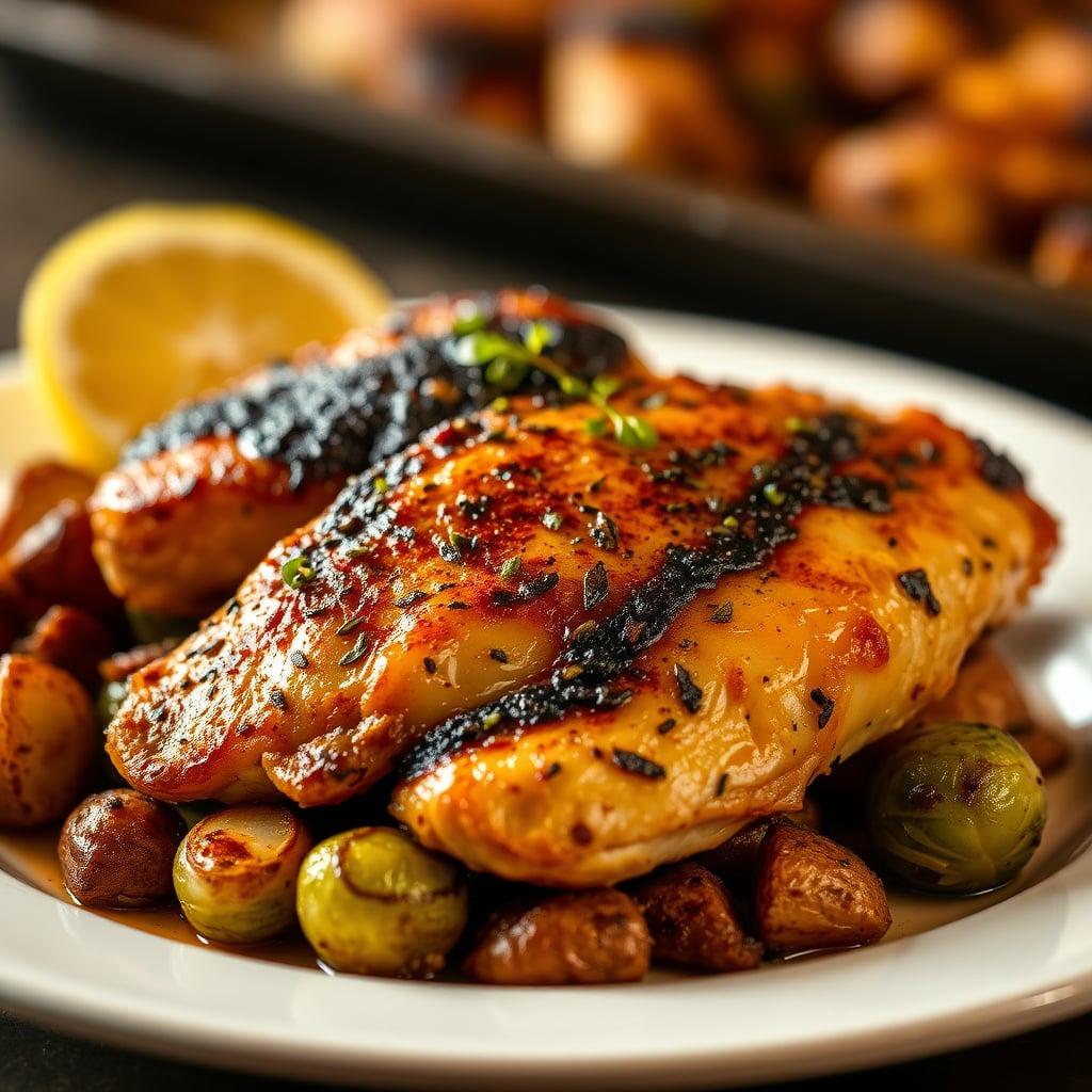 Lemon-Herb Sheet-Pan Chicken with Crispy Potatoes and Balsamic Brussels Sprouts Lemon-Herb Sheet-Pan Chicken with Crispy Potatoes and Balsamic Brussels Sprouts
