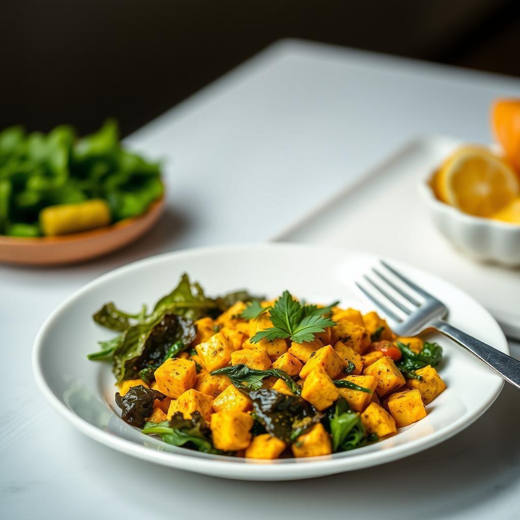 Turmeric-Ginger Tofu Scramble with Wilted Greens Turmeric-Ginger Tofu Scramble with Wilted Greens